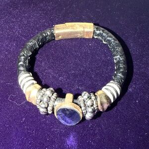 Vintage stones, beads, faux leather and magnetic closure bracelet EUC